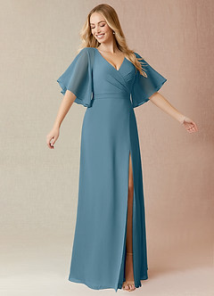 Azazie Cierra Brautjungfernkleider A-Linie V-Hals Chiffon Kleid Bermudablau image1