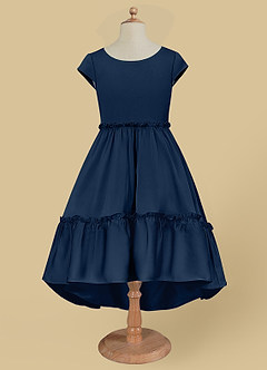 Azazie Lee Flower Girl Dresses Dark Navy A-Line Bow Stretch Satin Dress image6