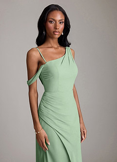 Azazie Madelyn Vestidos de damas de honor Vestido de Matcha de Gasa de Corte Sirena Convertible con Hombro unilateral image3