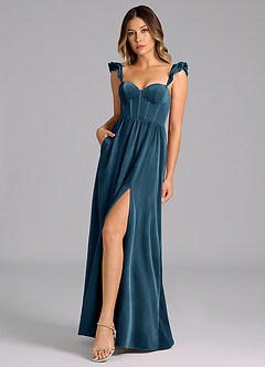 Azazie Denisse Bridesmaid Dresses Blue Topaz A-Line Ruched Velvet Dress image3