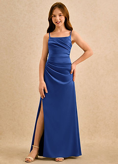 Azazie Cannoli Girls Formal Jurken voor bloemenmeisjes A-Lijn Jurk van Stretch Satijn Geplooid Koningsblauw image3