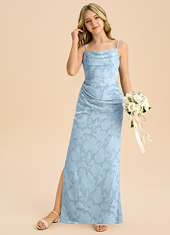 Azazie Mai Junior Sky Blue Sheath Pleated Floral Burnout Dress image3