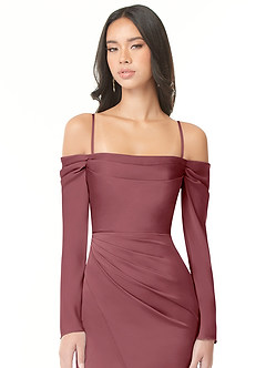 Azazie Hallie Bridesmaid Dresses Desert Rose Sheath Off-The-Shoulder Long Sleeve Stretch Satin Convertible Dress image2