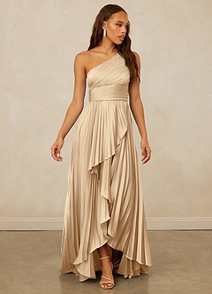 Christian Siriano Bridal for Azazie 1008 Robes de demoiselle d'honneur Robe Trapèze en Satin extensible Ue épaule Champagne image3
