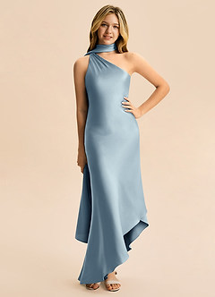 Azazie Briony Junior Vestido Azul Empoeirado de Cetim elástico de Bainha com Plissado image3