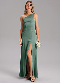 Azazie Feby Bridesmaid Dresses Eucalyptus A-Line One Shoulder Stretch Satin Dress image3