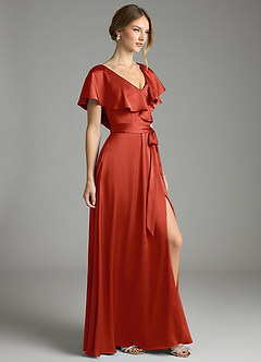 Azazie Lainey Bridesmaid Dresses Rust A-Line with Pockets Stretch Satin Dress image5