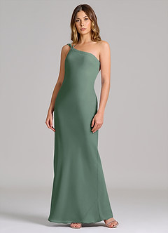 Azazie Monroe Vestidos de damas de honor Vestido de Eucalipto de Gasa de Corte Recto con Hombro unilateral image3