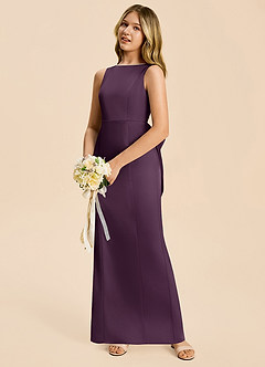 Azazie Emi Junior Plum Sheath Bow Stretch Satin Dress image2