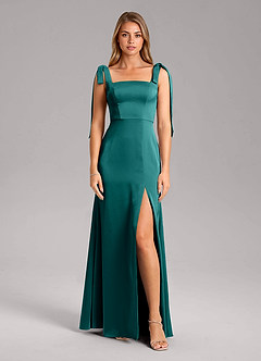 Azazie Frostine Bridesmaid Dresses Peacock A-Line Bow Stretch Satin Dress image5