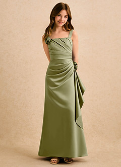Azazie Ciara Girls Formal vestidos de niña de las flores Vestido de Musgo Verde de Satin Mate de Corte en A con Plisado image3