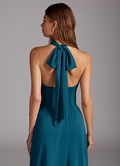 Azazie Myra Robes de demoiselle d'honneur Robe Trapèze en Satin extensible Fente Latérale Bleu Encre image2