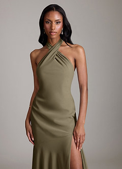 Azazie Lorena Vestidos de damas de honor Vestido de Verde Sauce de Gasa de Corte Sirena con Plisado image5