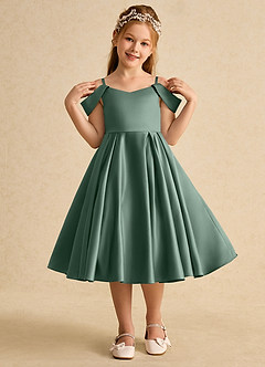 Azazie Favia Flower Girl Dresses Eucalyptus A-Line Off the Shoulder Matte Satin Dress image4