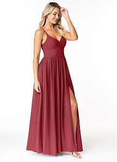Azazie Dominic Bridesmaid Dresses Pomegranate A-Line V-Neck Pleated Chiffon Dress image4