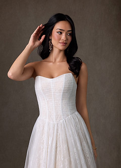Azazie Adriana At-home Try On Dresses Diamond White Champagne A-Line Strapless Lace Dress image5