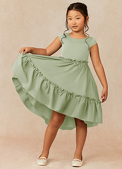 Azazie Lee 플라워 걸 드레스 A라인 절하다 스트레치 새틴 비대칭 드레스 image1