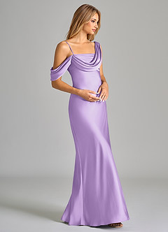 Azazie Celina Bridesmaid Dresses Lilac Sheath Off the Shoulder Stretch Satin Dress image6