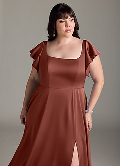 Azazie Bondi Robes de demoiselle d'honneur Robe Trapèze en Satin extensible Arc Auburn image11
