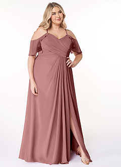 Azazie Dakota Vestidos de damas de honor Vestido de Rosa Del Desierto de Gasa de Corte en A con Cuello en V plisado image11