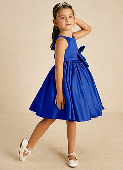 Azazie Apple Flower Girl Dresses Royal Blue A-Line Bow Matte Satin Dress image3