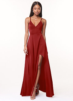 Azazie Maksim Robes de demoiselle d'honneur Robe Trapèze en Satin extensible Col en V Grenade image1