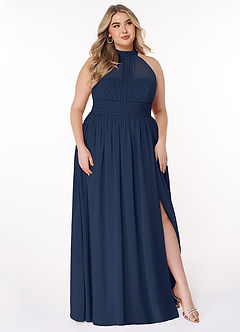Azazie Iman Vestidos de damas de honor Vestido de Azul Marino Oscuro de Gasa de Corte en A con Línea A fruncida image11