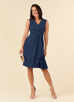 Azazie Theron Mother of the Bride Dresses Dark Navy A-Line V-Neck Pleated Chiffon Dress image1
