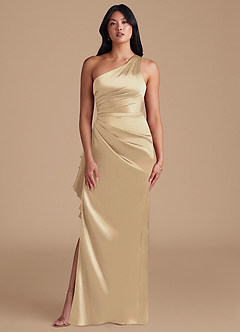 Azazie Latrice Bridesmaid Dresses Champagne Sheath One Shoulder Metallic Satin Dress image2