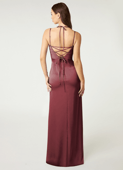 Azazie Desi Bridesmaid Dresses Merlot Sheath Halter Corset Stretch Satin Dress image3