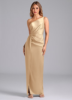 Azazie Naria Robes de demoiselle d'honneur Robe Fourreau en Satin extensible Ue épaule Champagne image1