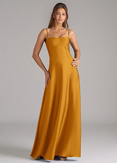 Azazie Valentine Bridesmaid Dresses Butterscotch A-Line Corset Stretch Satin Dress image1