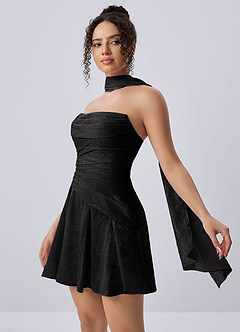 Iphigenie Black Strapless Jacquard Lace-Up Skater Mini Dress image3
