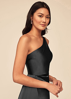 Azazie Maron At-home Try On Dresses Black A-Line One Shoulder Stretch Satin Dress image5