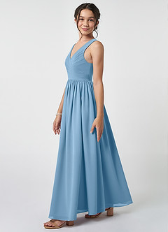 Azazie Keyla Junior Abito A-Line in Chiffon Plissettato Blu Acciaio image3
