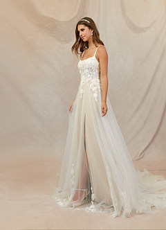 Azazie Jovana Hochzeitskleider A-Linie Schaufel Tüll Kleid Diamantweiß Champagner image3