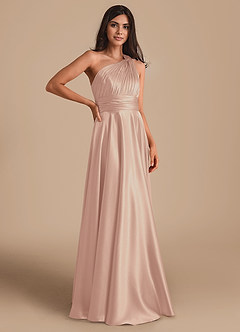 Azazie Charlize Bridesmaid Dresses English Rose A-Line One Shoulder Metallic Satin Dress image3