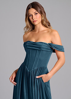 Azazie Hattie Bridesmaid Dresses Blue Topaz A-Line Ruched Velvet Dress image2