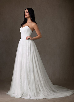 Azazie Adriana Wedding Dresses Diamond White A-Line Strapless Lace Dress image9