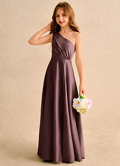 Azazie Puddles Girls Formal Flower Girl Dresses Espresso A-Line One Shoulder Matte Satin Dress image6