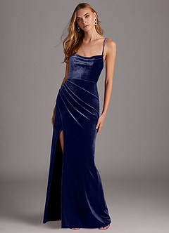 Azazie Kindness At-home Try On Dresses Black Sheath Cowl Neckline Corset Velvet Dress image3