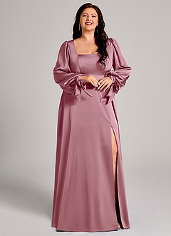 Azazie Leonia Bridesmaid Dresses Vintage Mauve A-Line Long Sleeve Stretch Satin Dress image12