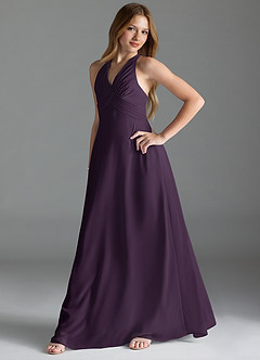 Azazie Tessie Junior A-Linie Plissee Chiffon Kleid Pflaume image3