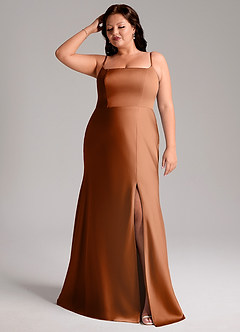 Azazie Lidia Abiti da Damigella Abito Sirena in Raso Elasticizzato Spacco Laterale Rame image1