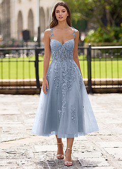 Zosia Dusty Blue Lace A-line Lace Up Back Midi Dress image3