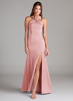 Azazie Rue Bridesmaid Dresses Powder Pink Mermaid Pleated Stretch Satin Dress image3