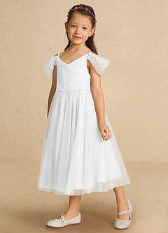 Azazie Lizzette Flower Girl Dresses Diamond White A-Line Ruched Tulle Dress image5