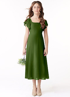 Azazie Bondi Junior Vestido de Oliva de Gasa de Corte en A con Volante image2