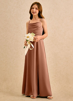 Azazie Chamomile Girls Formal Flower Girl Dresses Bronzer A-Line Pleated Stretch Satin Dress image3