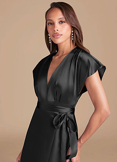 Azazie Nico Brautjungfernkleider A-Linie Plissee Metallischer Satin Kleid Schwarz image2